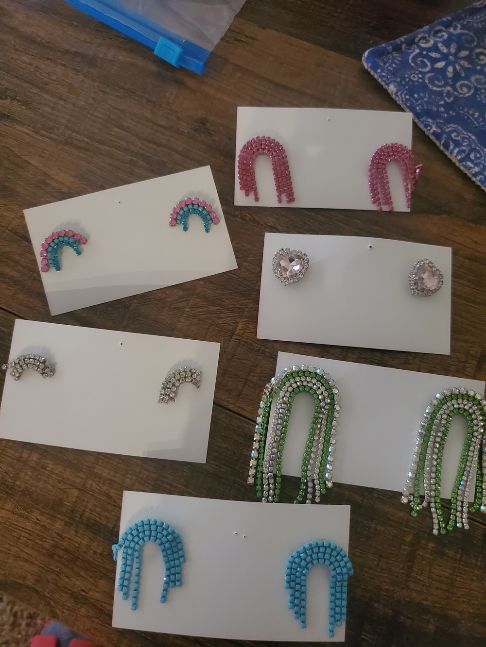Beaded And Rhinestone Rainbow Earrings - Pink, Green, Blue & Silver Set Of 6